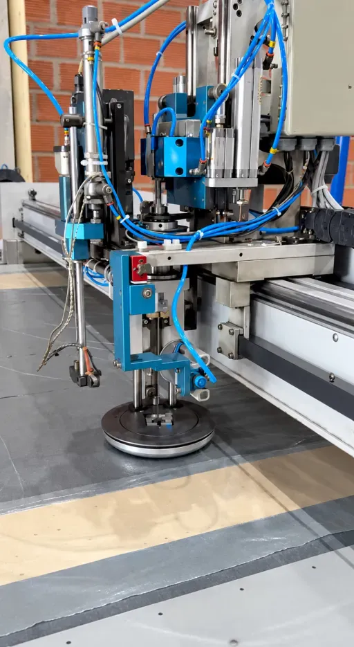 Detalhe do cabeçote da máquina de corte automático sobre o tecido
